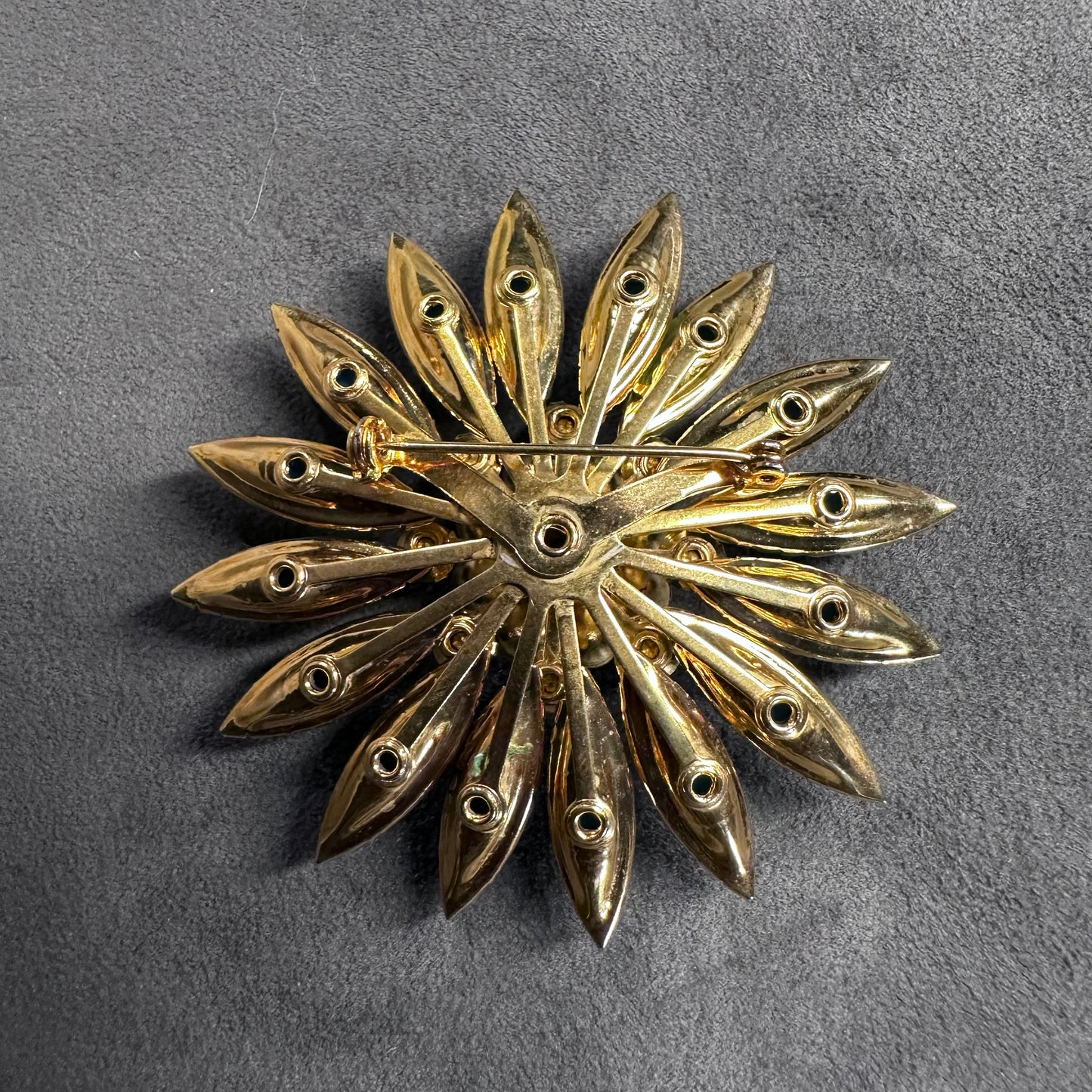 Quality Blue Celluloid Navette Rhinestone Flower Brooch Pin Vintage With Crystal
