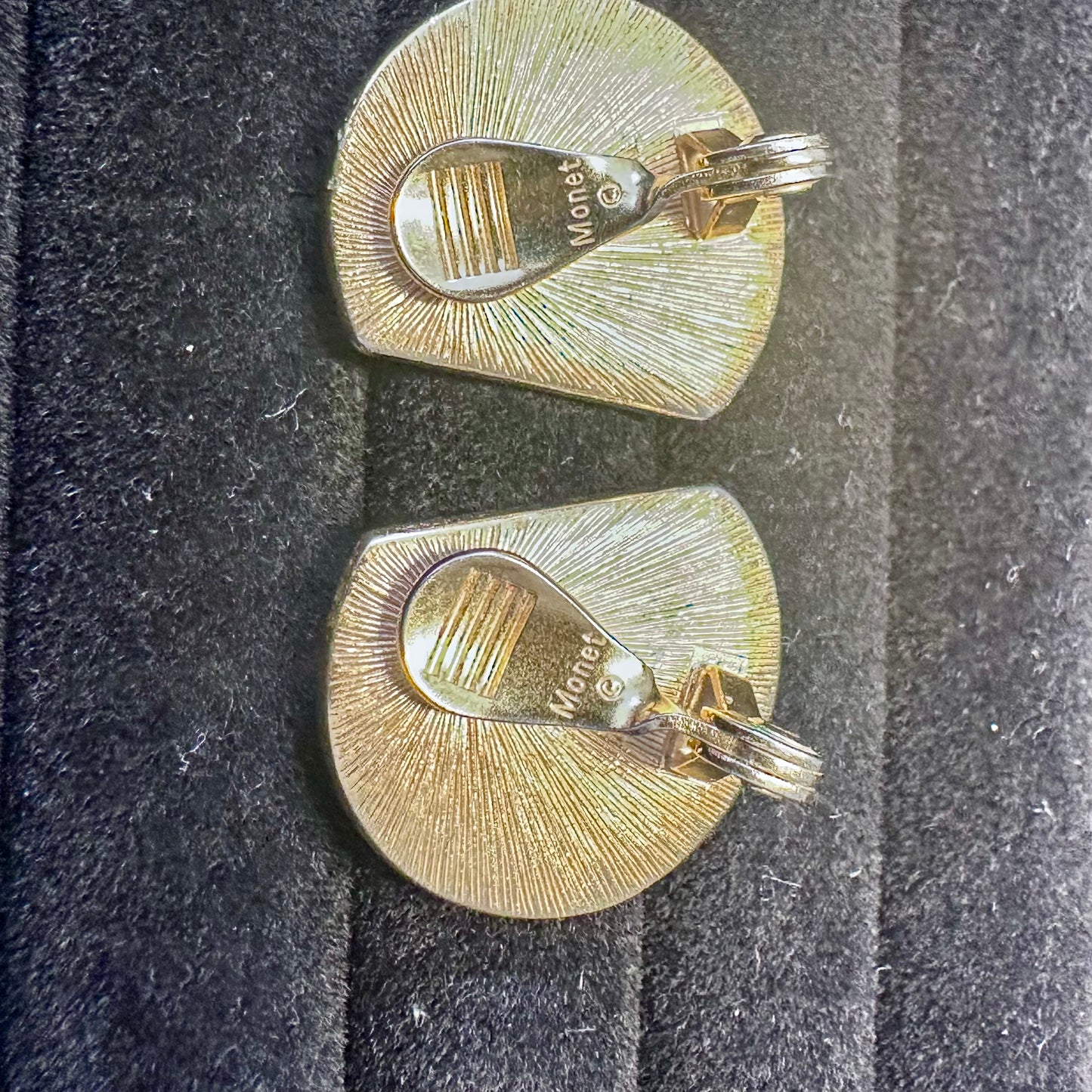 Vintage Monet Cream Enamel Gold Tone Geometric Half CircleClip On Earring
