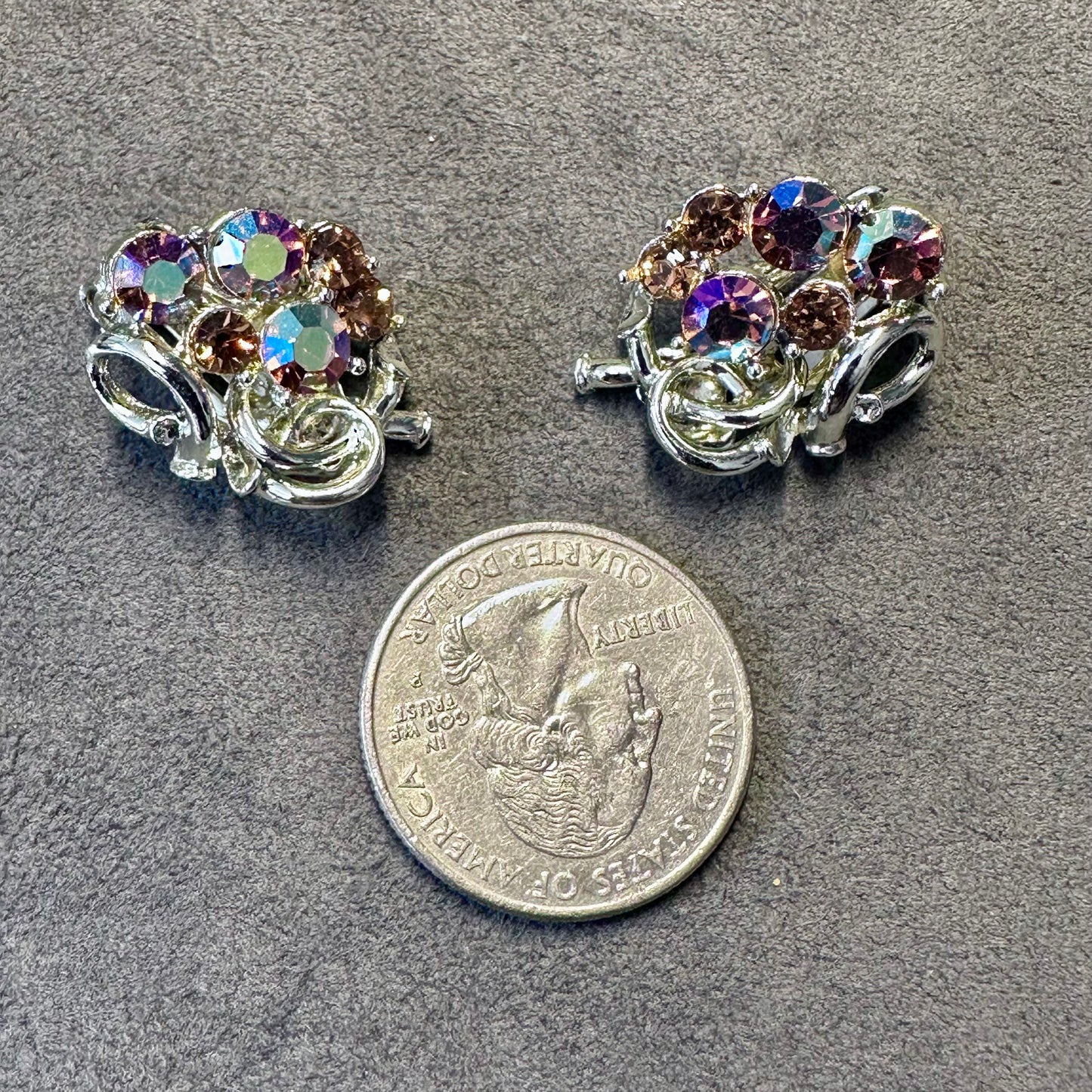 Vintage Pink/Red AB Rhinestone Silver Tone MCM Clip On Earring