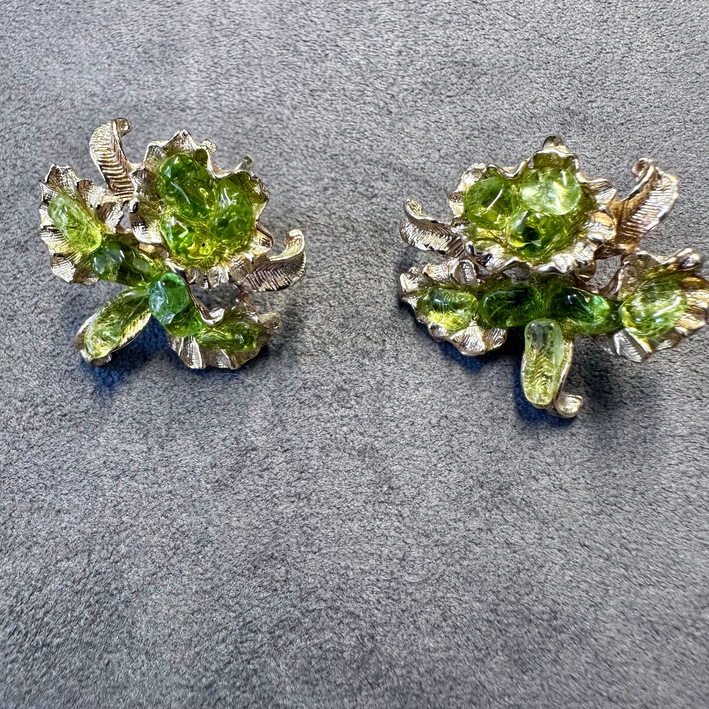 Vintage Gold Tone Orchid Flower with Green Stone Clip On Earring