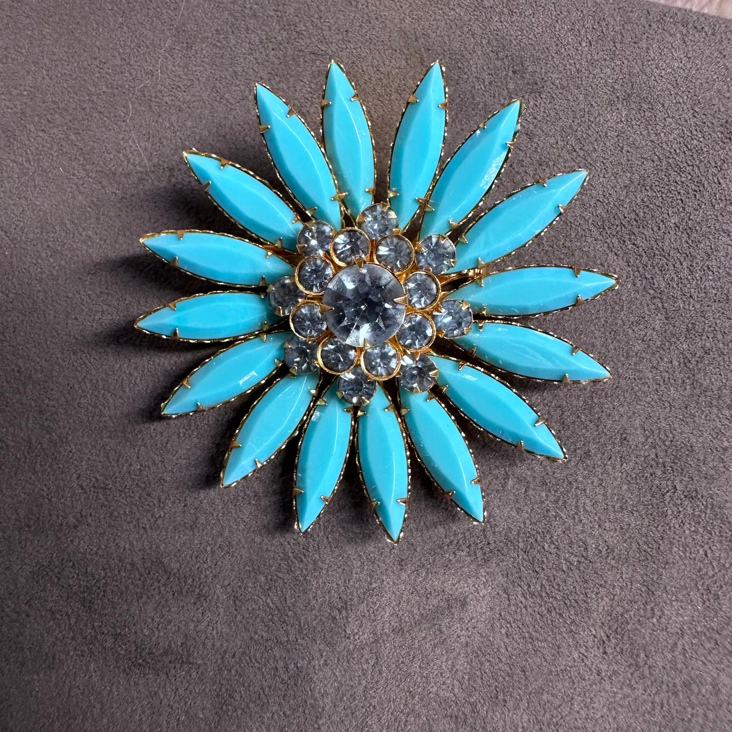Quality Blue Celluloid Navette Rhinestone Flower Brooch Pin Vintage With Crystal