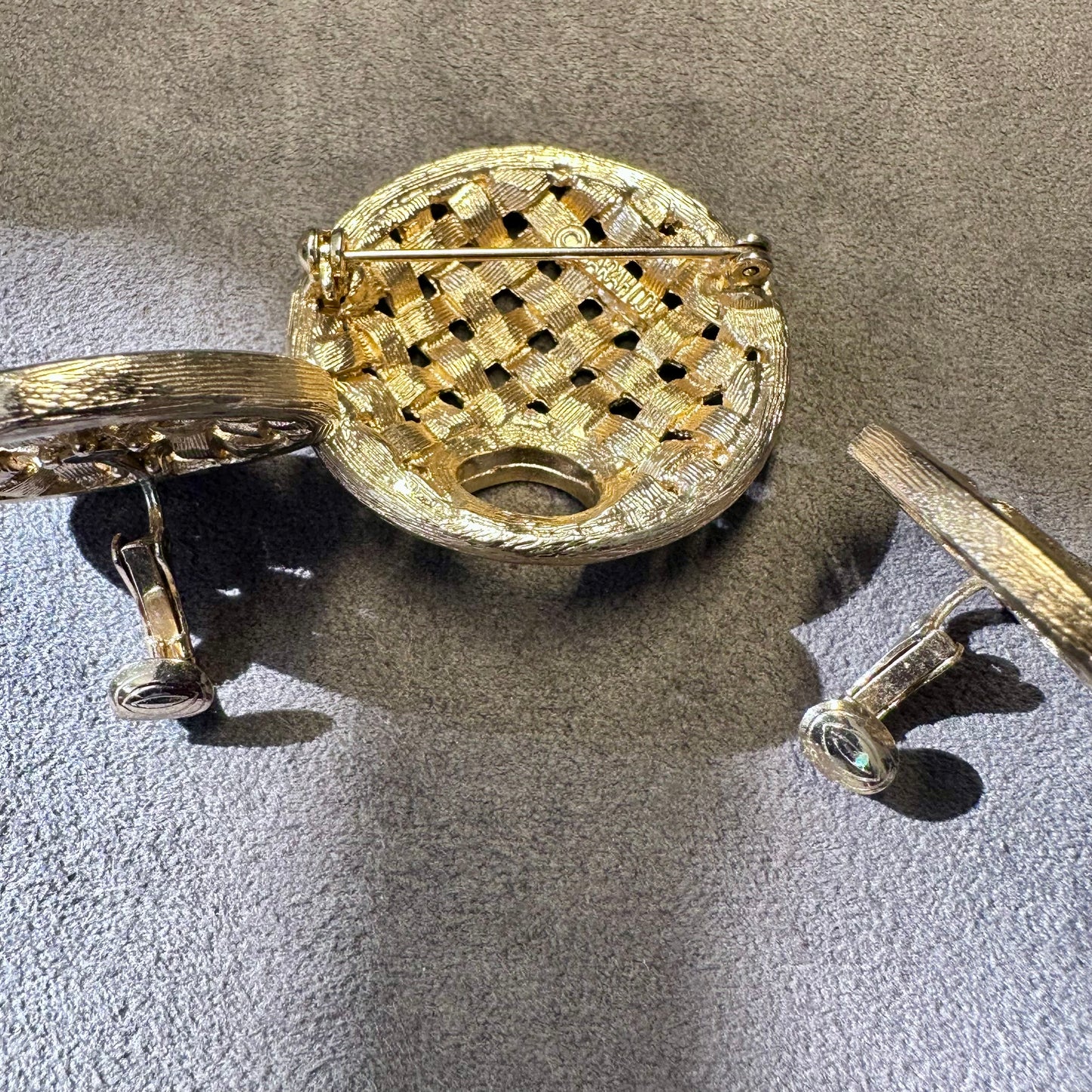Vintage 1960's Sarah Coventry Gold Tone Basketweave Brooch and Clip On Earring Set