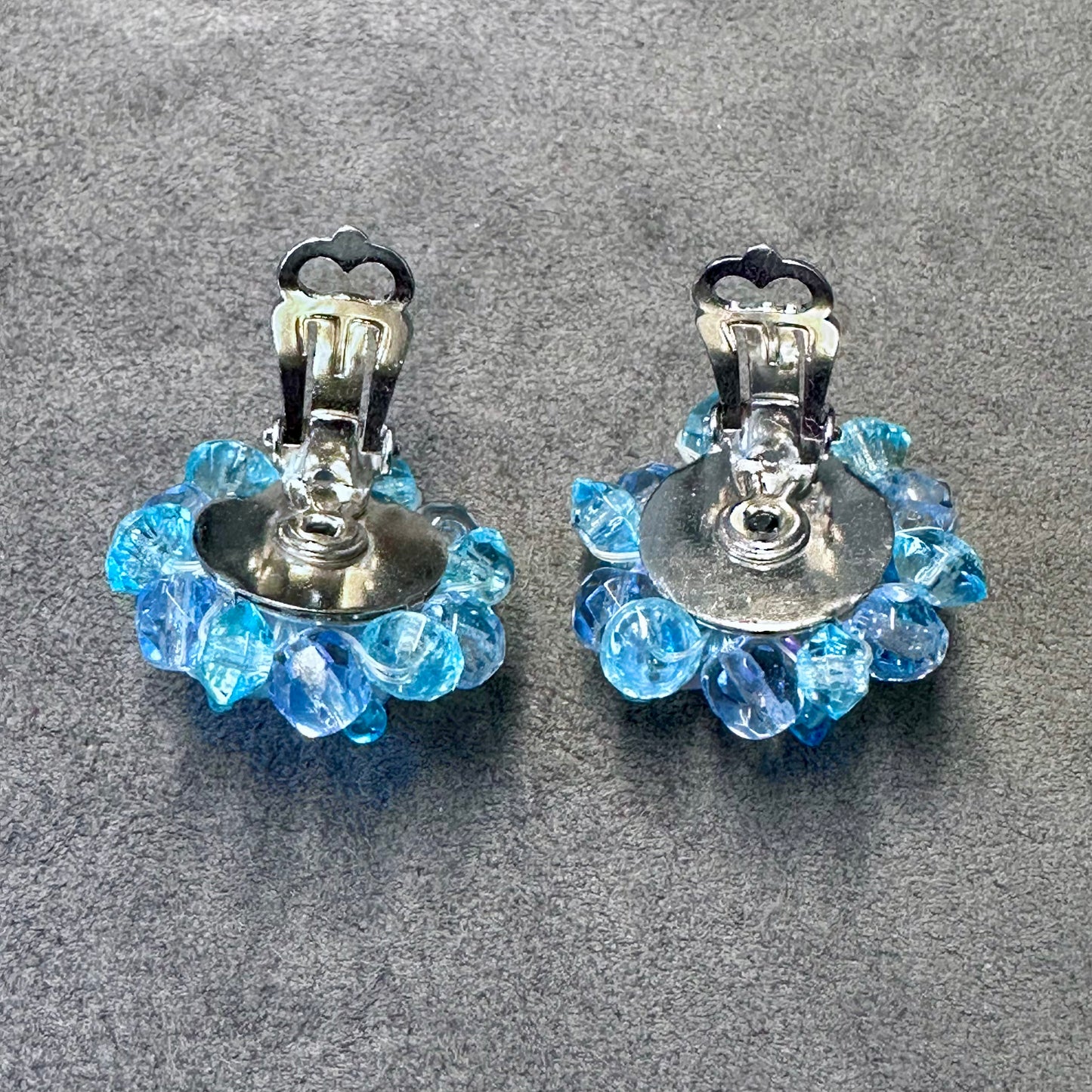 Vintage Blue Cluster Rhinestone Clip On Earrings