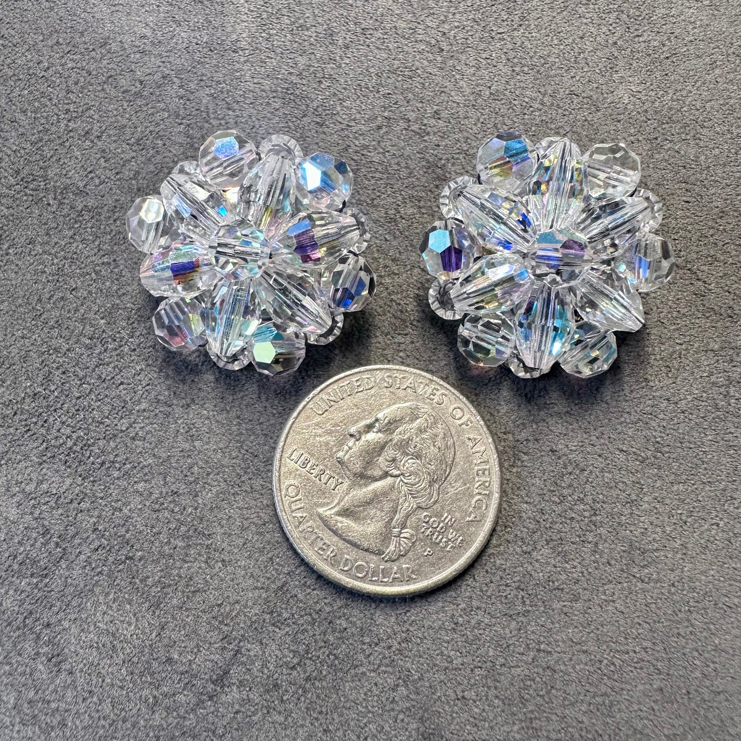 Vintage Aurora Borealis Rhinestone Beaded Cluster Clip On Earring