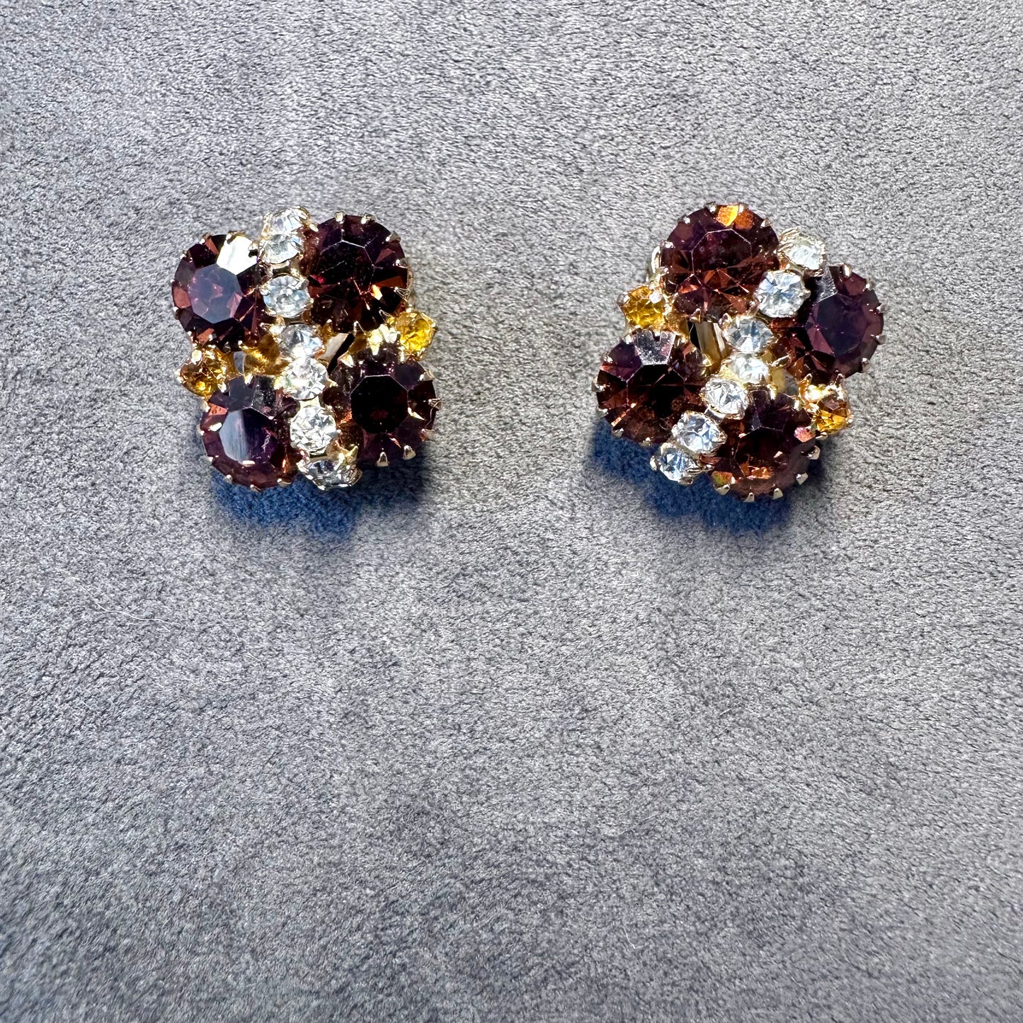 Vintage Topaz Color Rhinestone Cluster Clip On Earrings
