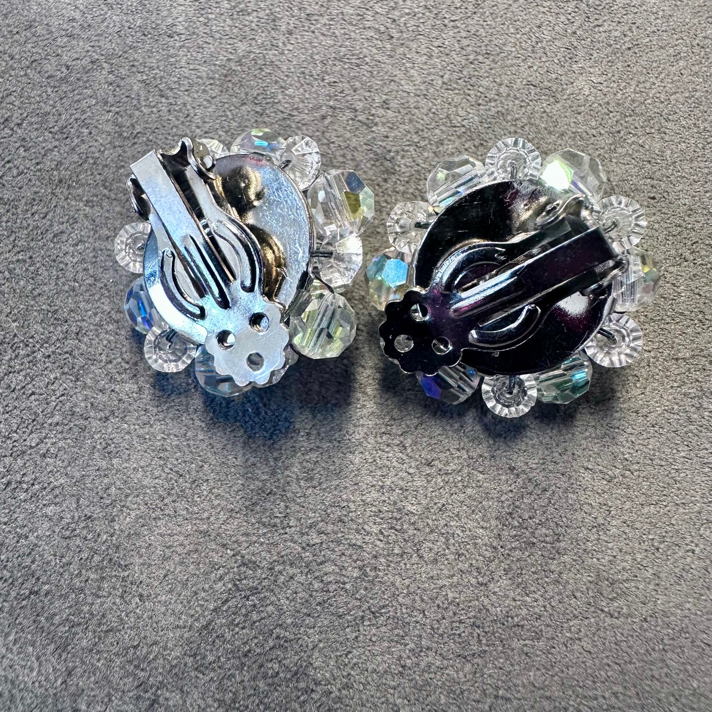 Vintage Aurora Borealis Rhinestone Beaded Cluster Clip On Earring