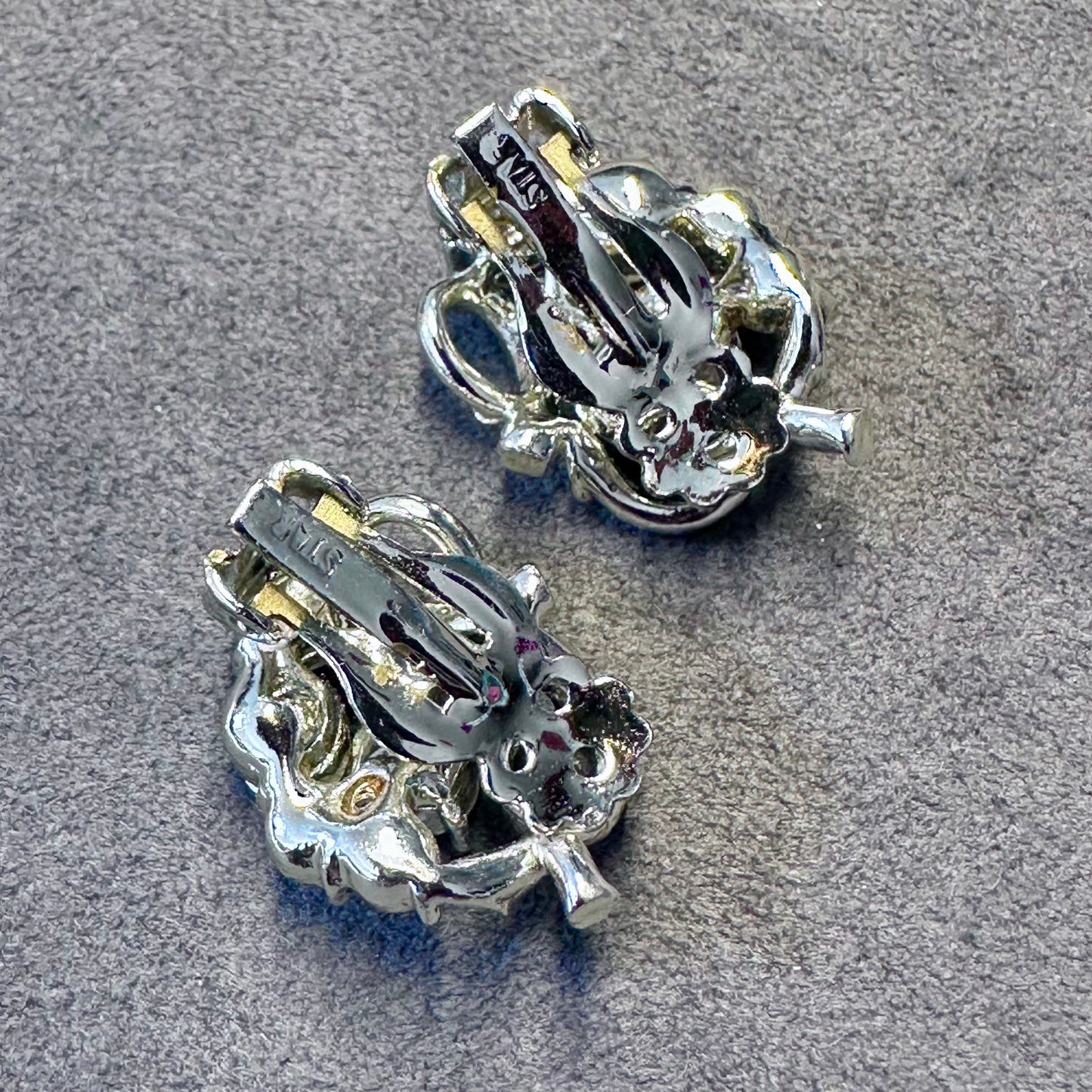 Vintage Pink/Red AB Rhinestone Silver Tone MCM Clip On Earring