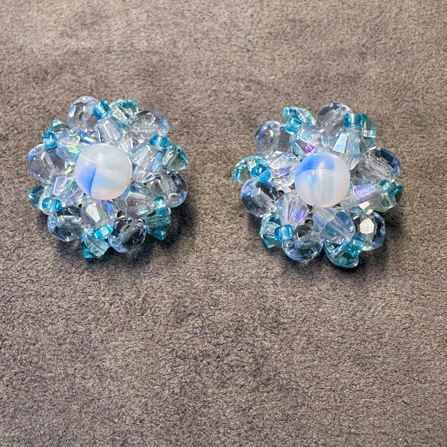 Vintage Blue Cluster Rhinestone Clip On Earrings