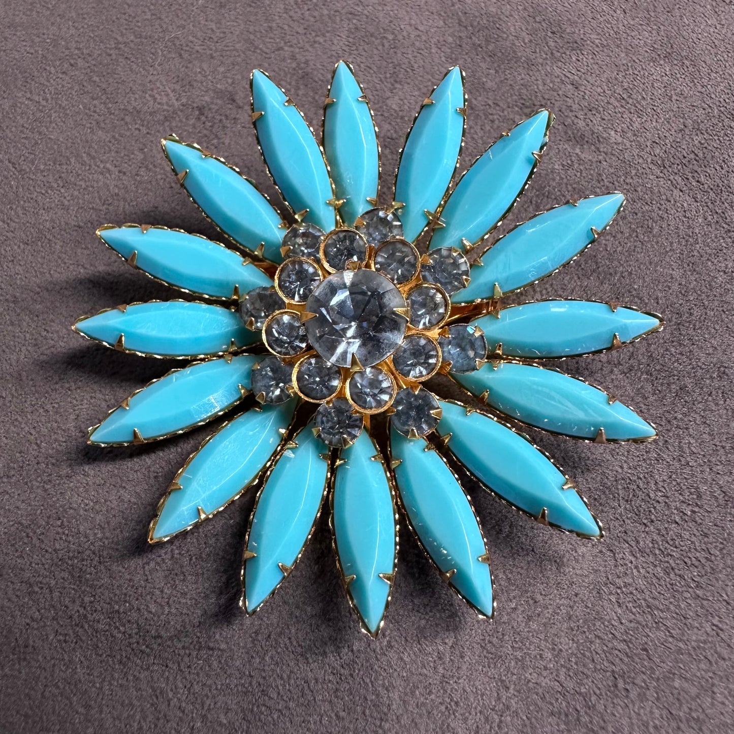 Quality Blue Celluloid Navette Rhinestone Flower Brooch Pin Vintage With Crystal
