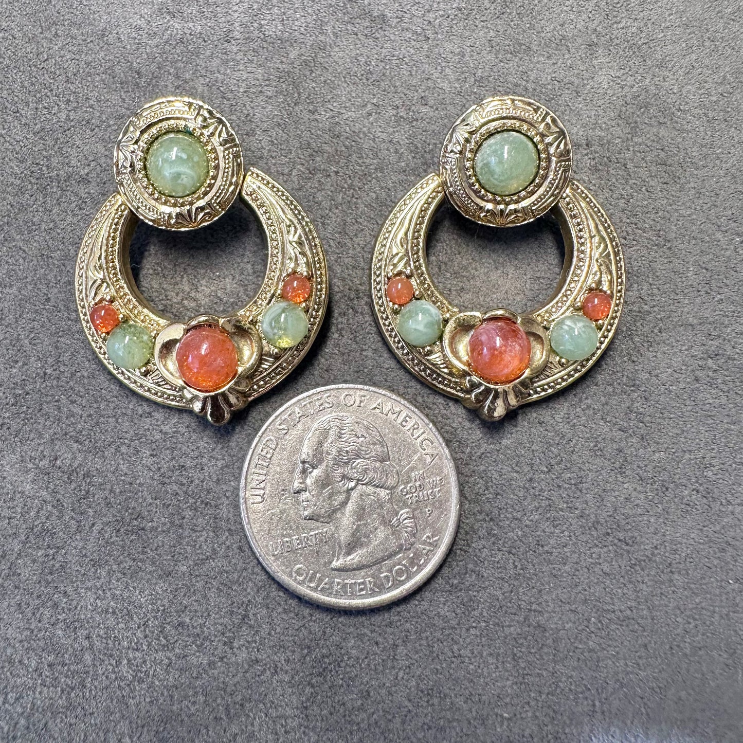 Vintage Gold Tone 1928 Ornate Door Knocker Jade and Coral Color Stone Pierced Earrings