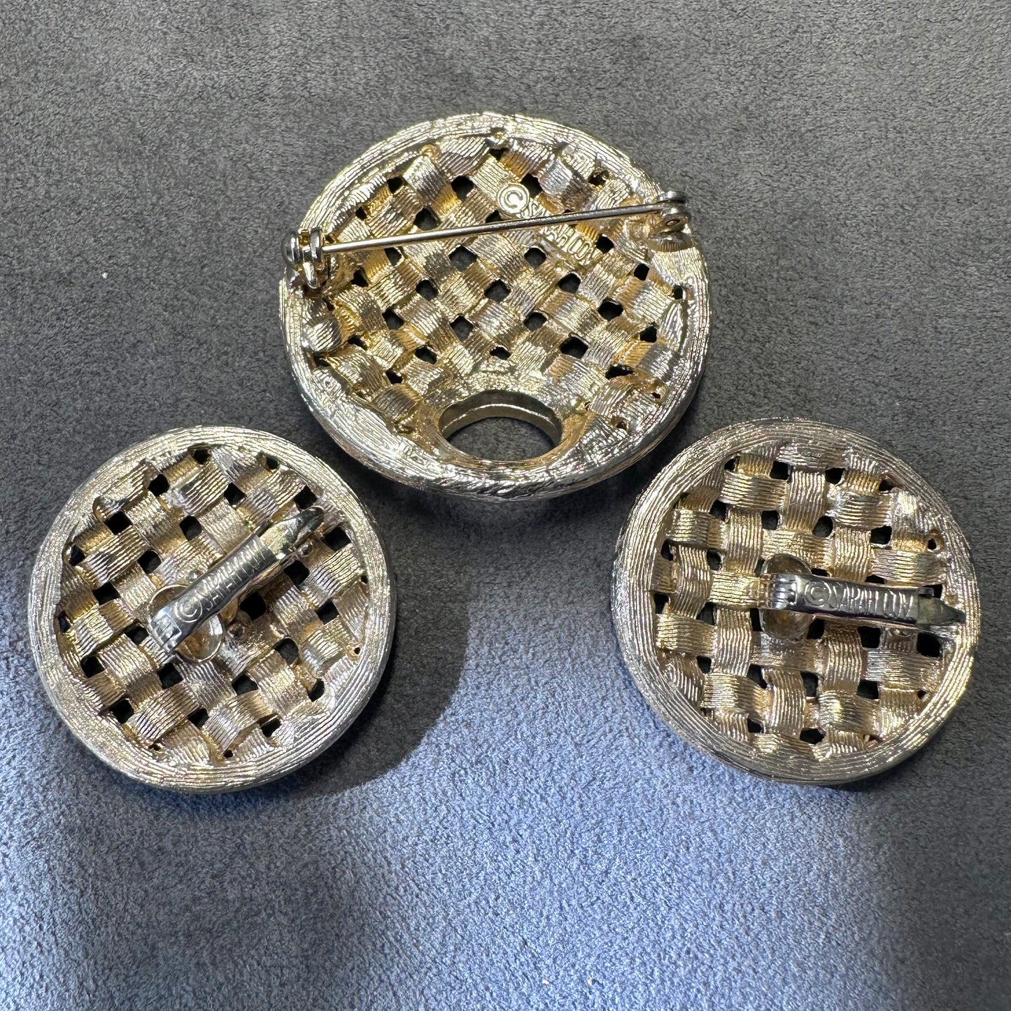 Vintage 1960's Sarah Coventry Gold Tone Basketweave Brooch and Clip On Earring Set