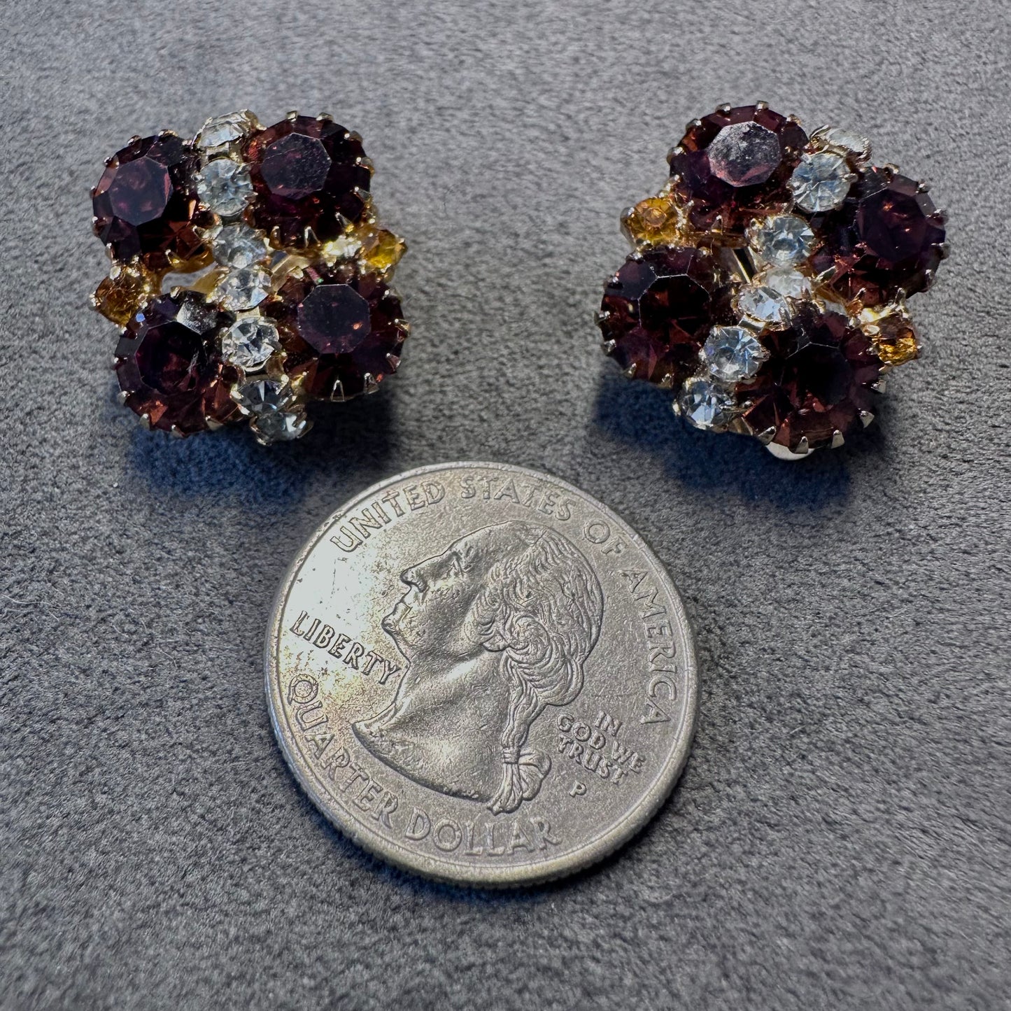 Vintage Topaz Color Rhinestone Cluster Clip On Earrings