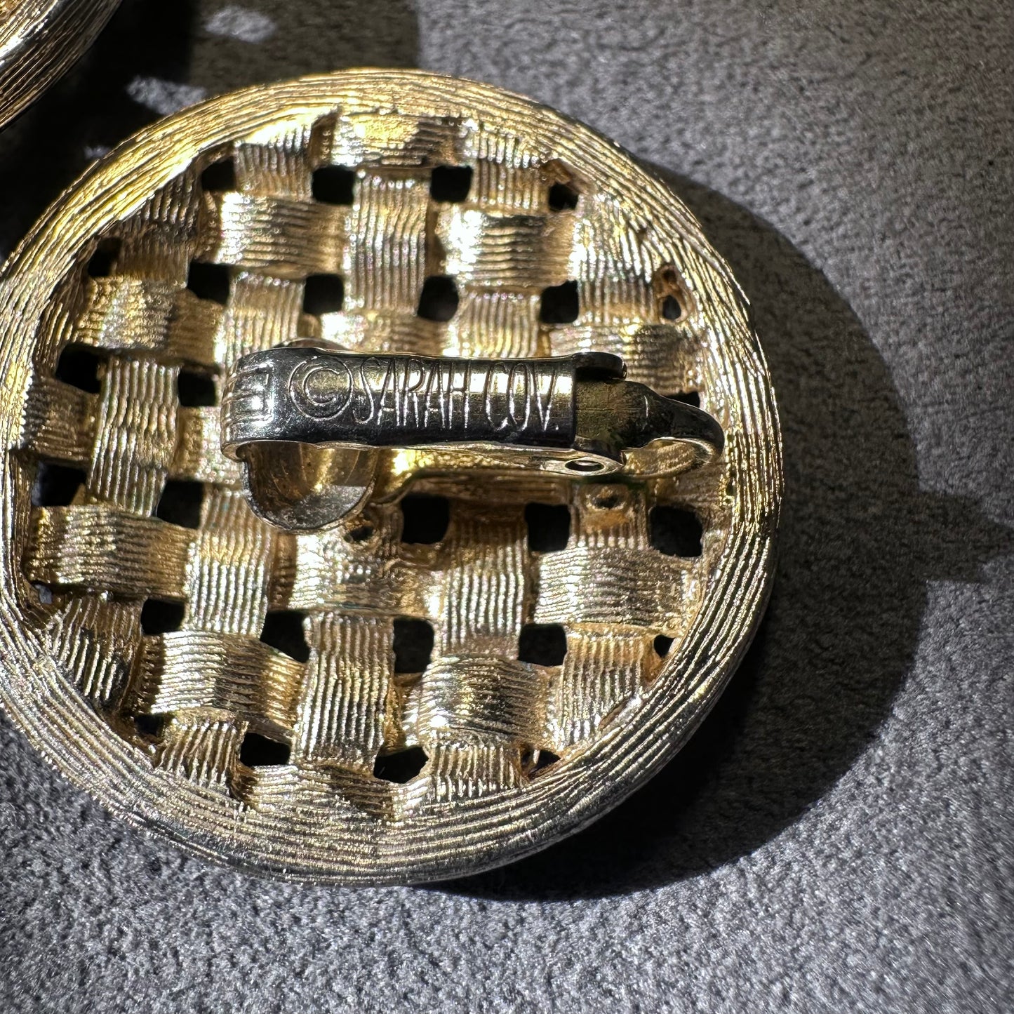 Vintage 1960's Sarah Coventry Gold Tone Basketweave Brooch and Clip On Earring Set