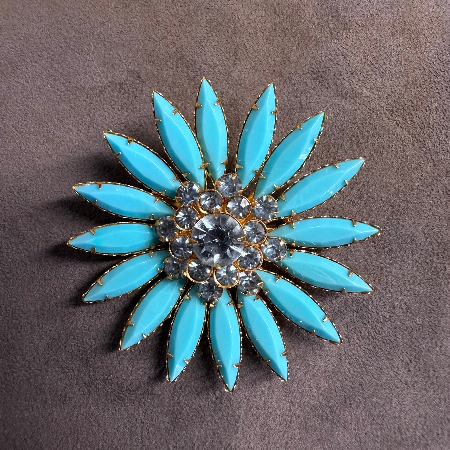 Quality Blue Celluloid Navette Rhinestone Flower Brooch Pin Vintage With Crystal