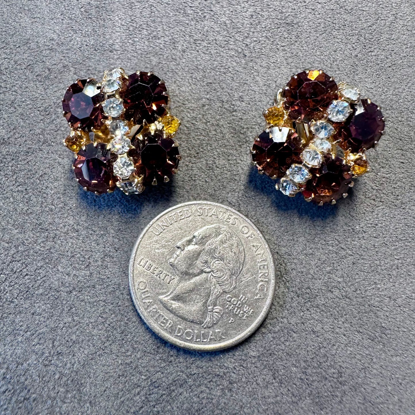 Vintage Topaz Color Rhinestone Cluster Clip On Earrings