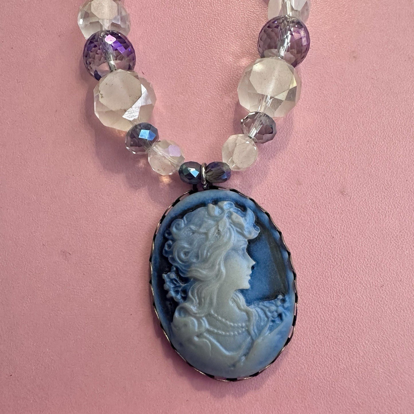 Vintage Style Victorian Cameo Beaded Necklace Blue