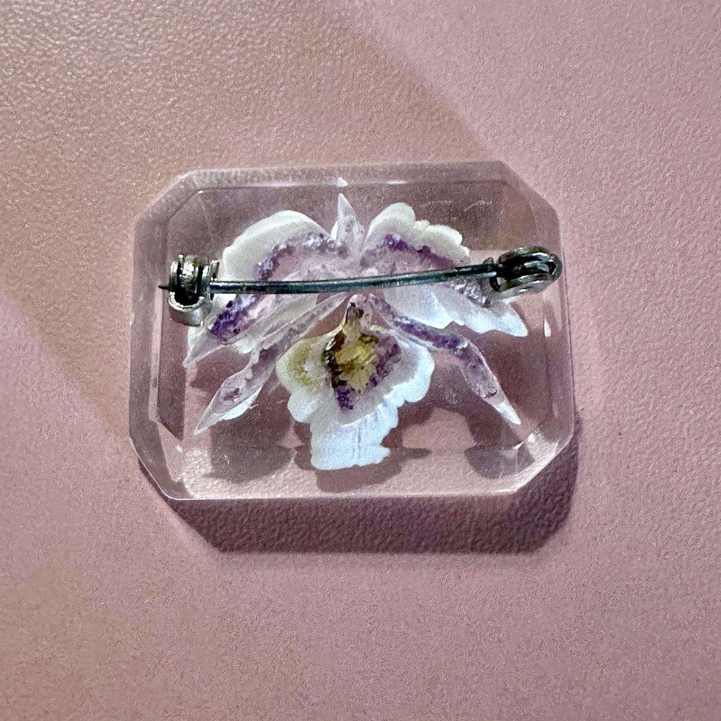Vintage Lucite Orchid Brooch – Real Flower, Rectangle Design