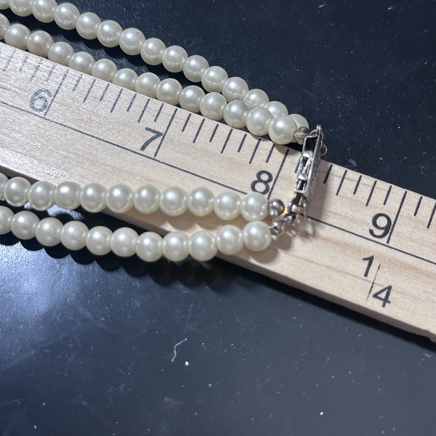 Vintage 2 Double Strand Faux Pearl Rhinestone Necklace Choker Ornate Box Clasp