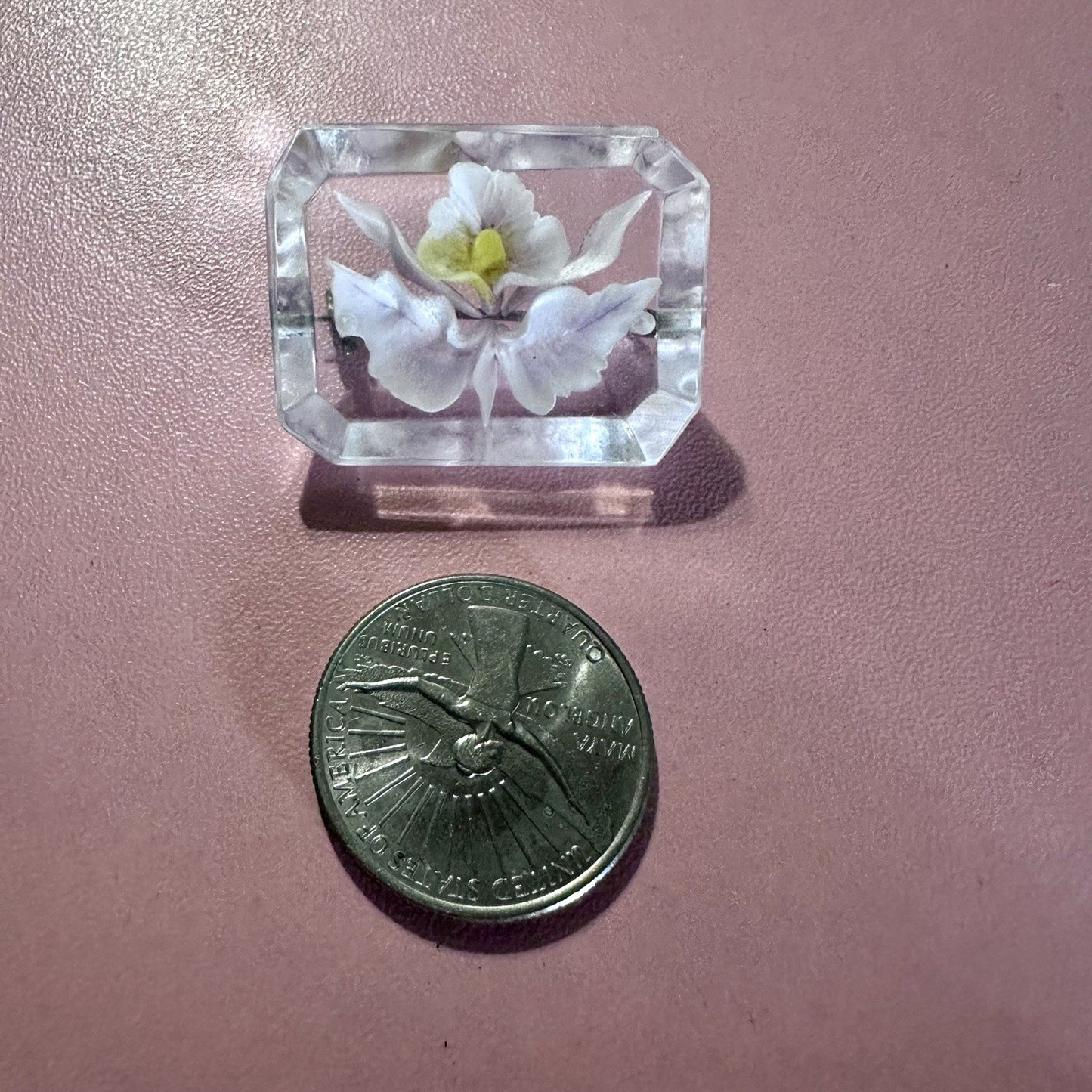 Vintage Lucite Orchid Brooch – Real Flower, Rectangle Design