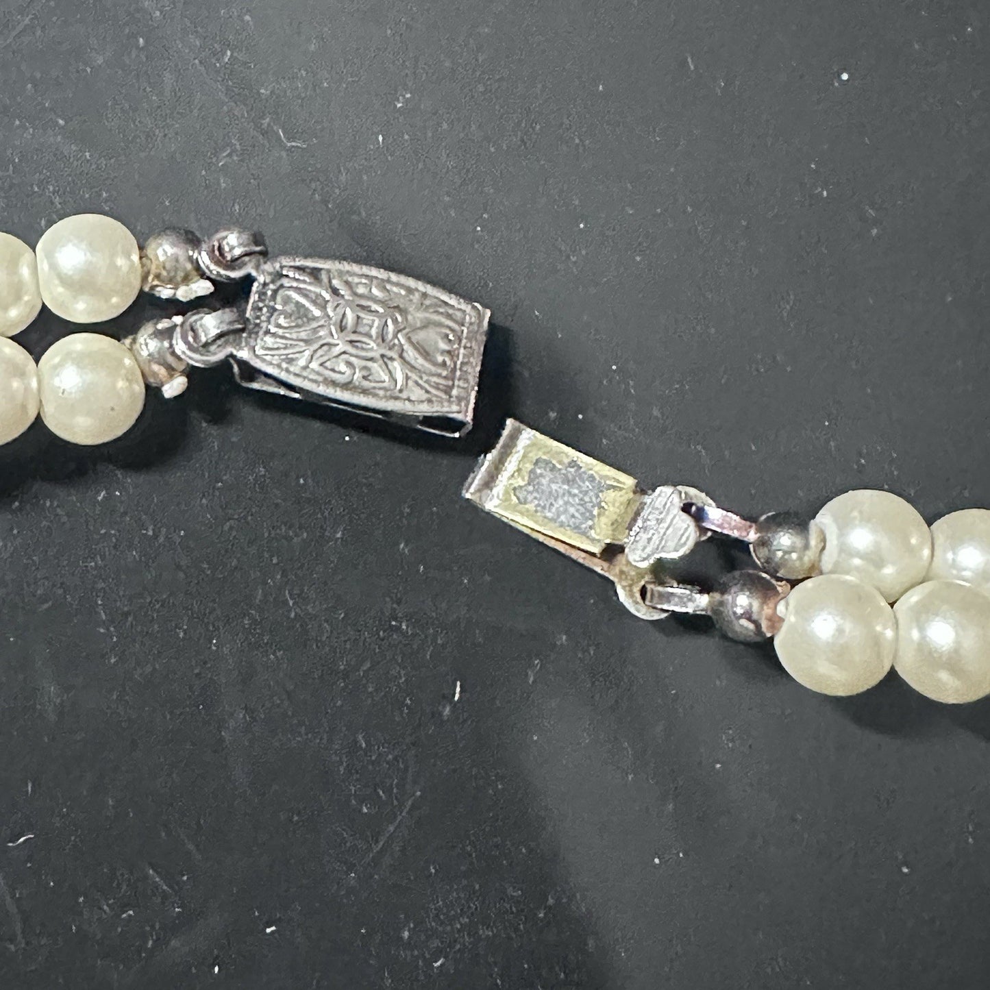 Vintage 2 Double Strand Faux Pearl Rhinestone Necklace Choker Ornate Box Clasp