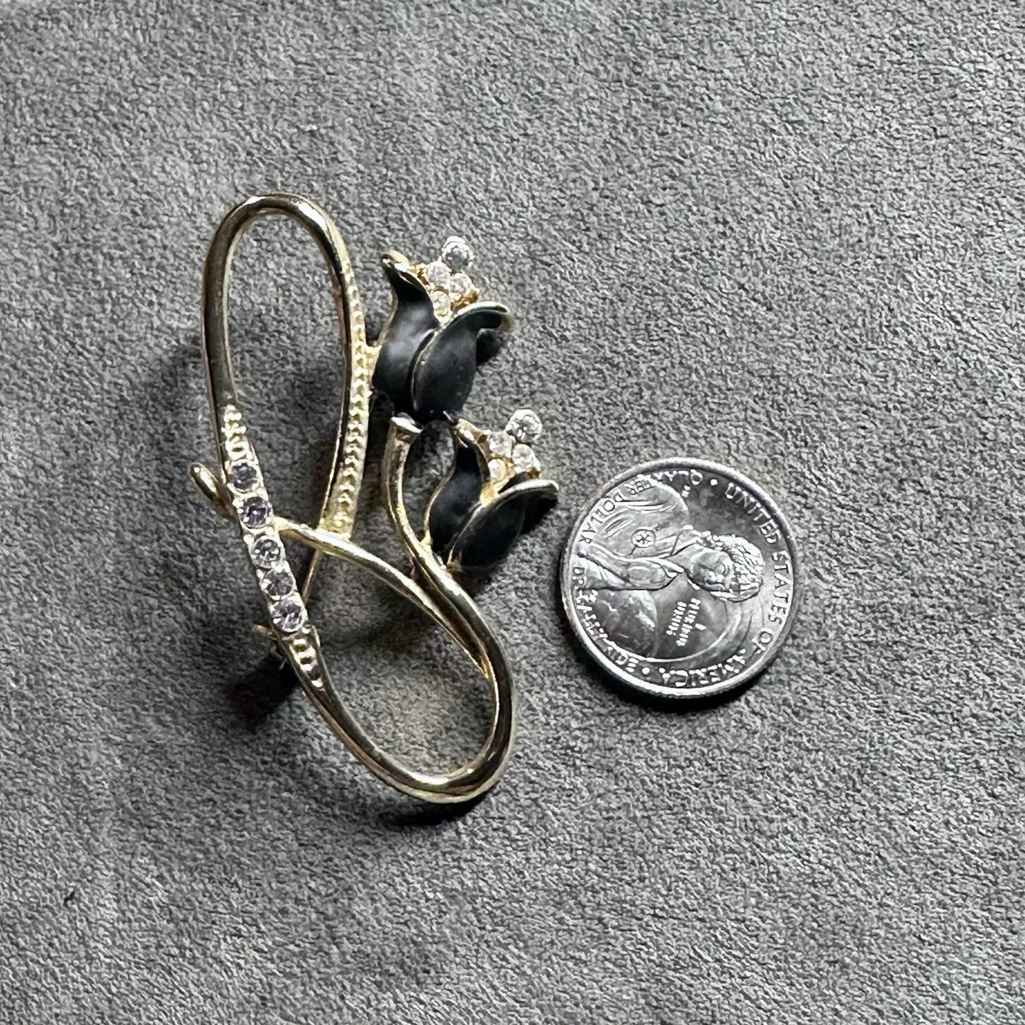 Vintage Tulip Gold Black Rhinestone Brooch Pin