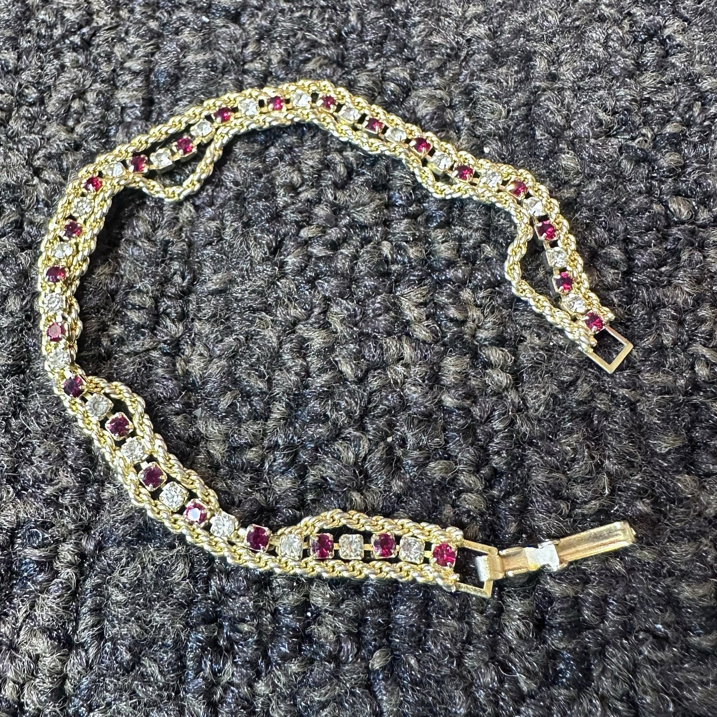 Vintage Gold Tone Ruby & Clear Rhinestone Chain Bracelet – 7.5" Double Row Spark