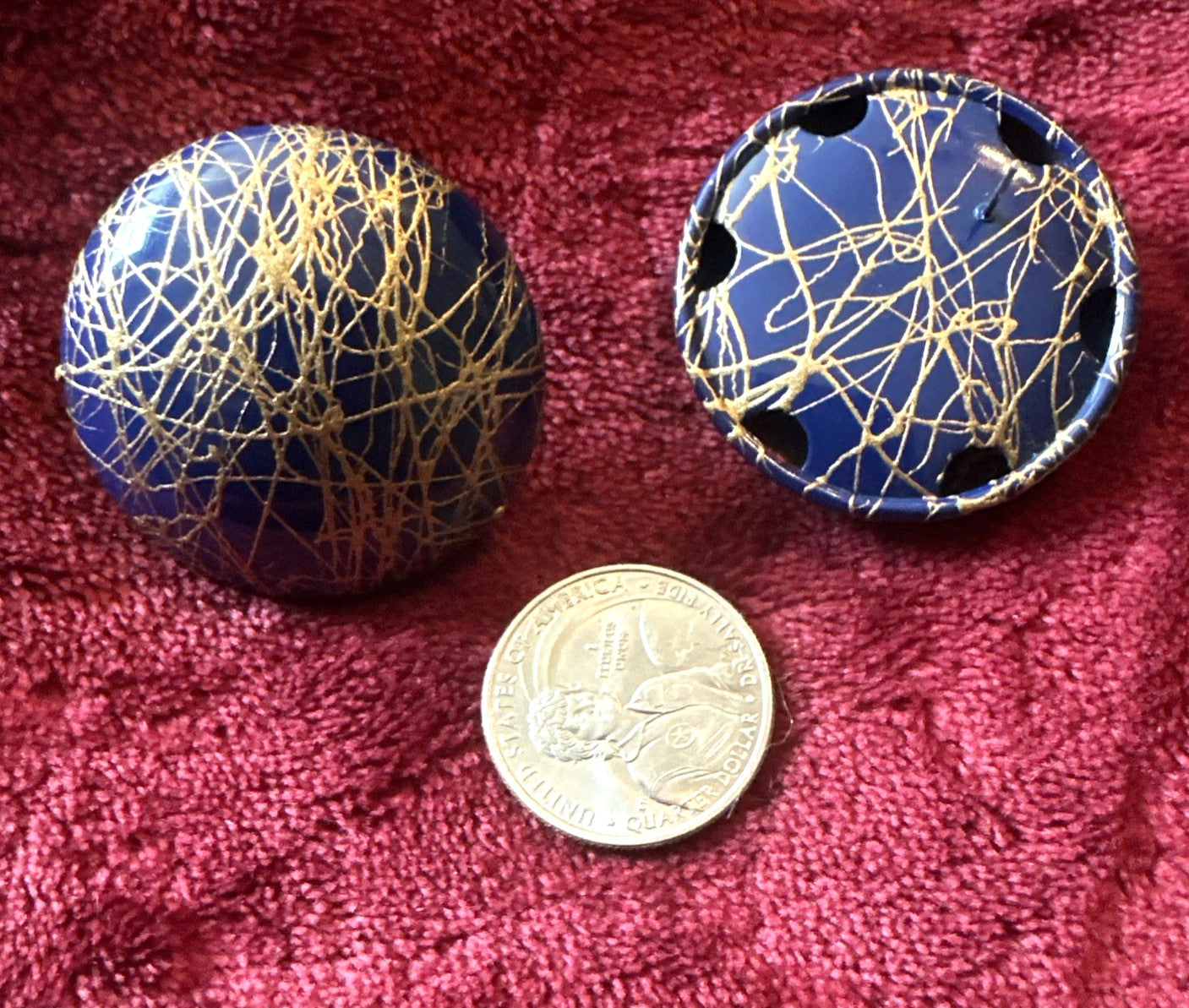 Vintage Button pierced earrings 1.5" blue and gold