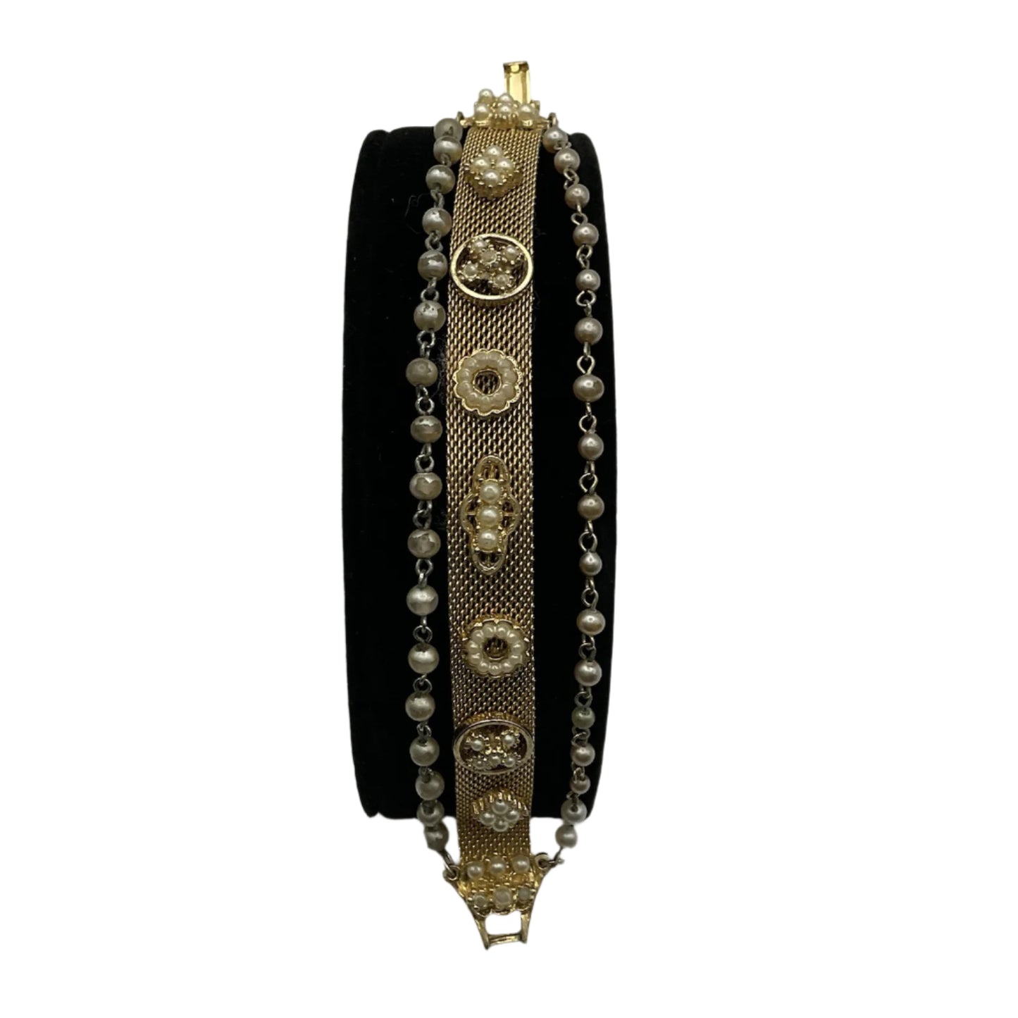 Vintage 3 Strand Mesh Seed Pearls Gold Tone Bracelet
