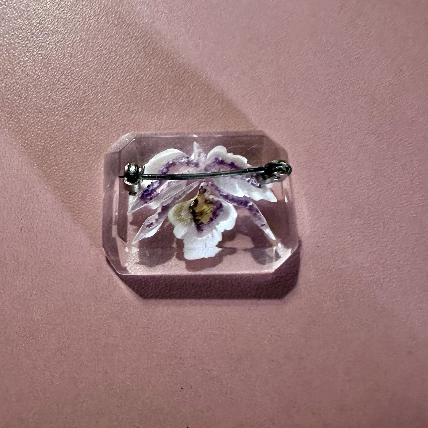 Vintage Lucite Orchid Brooch – Real Flower, Rectangle Design
