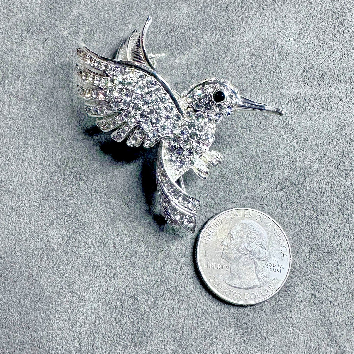 Vintage Silver Tone Rhinestone Hummingbird Brooch Pin with Green Eye