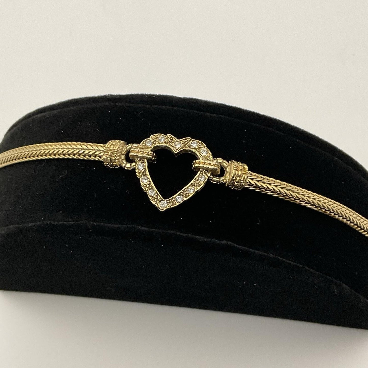 Vintage Gold Tone Herringbone Chain Crystal Heart Bracelet