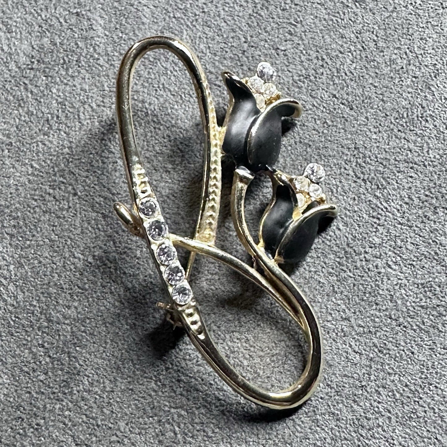 Vintage Tulip Gold Black Rhinestone Brooch Pin