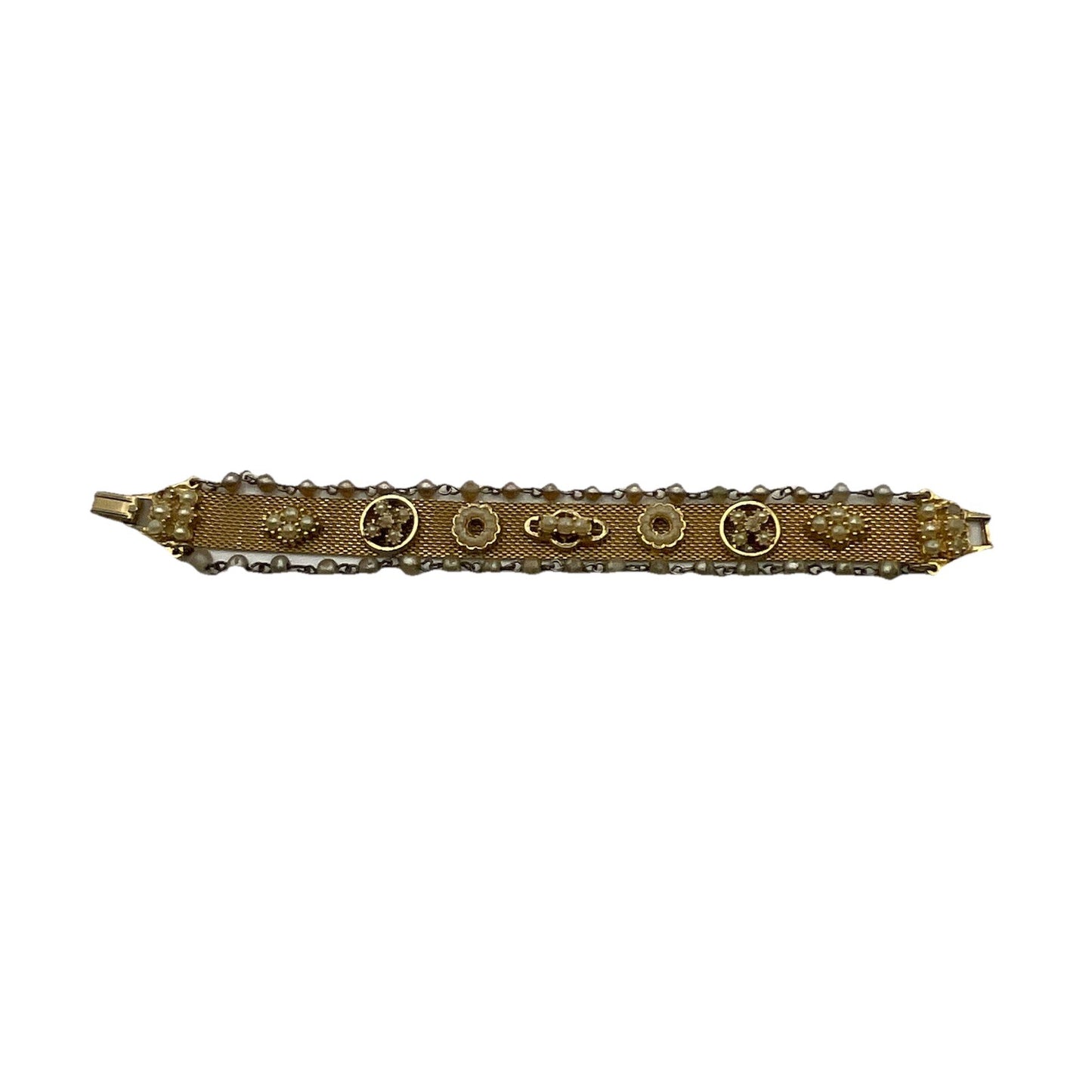 Vintage 3 Strand Mesh Seed Pearls Gold Tone Bracelet