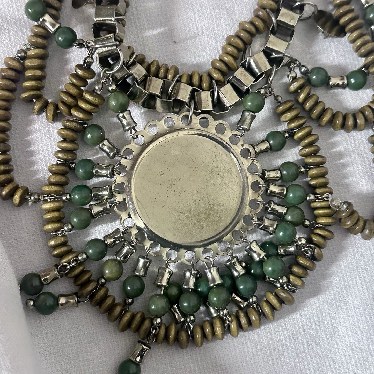 Chunky Statement Fashion Wooden green bead rhinestone necklace