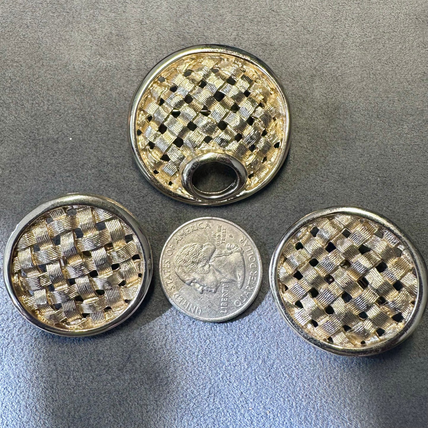 Vintage 1960's Sarah Coventry Gold Tone Basketweave Brooch and Clip On Earring Set