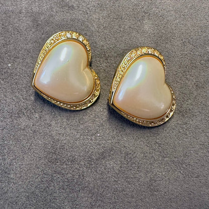 Vintage Trifari Gold Tone Heart Faux Pearl Rhinestone Clip On Earring
