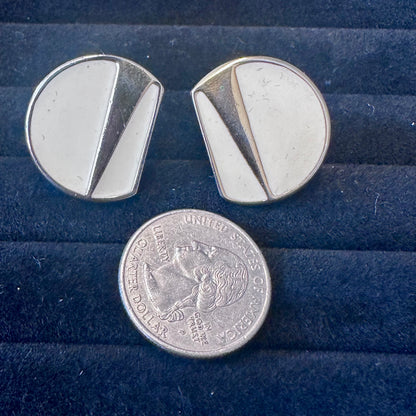 Vintage Monet Cream Enamel Gold Tone Geometric Half CircleClip On Earring