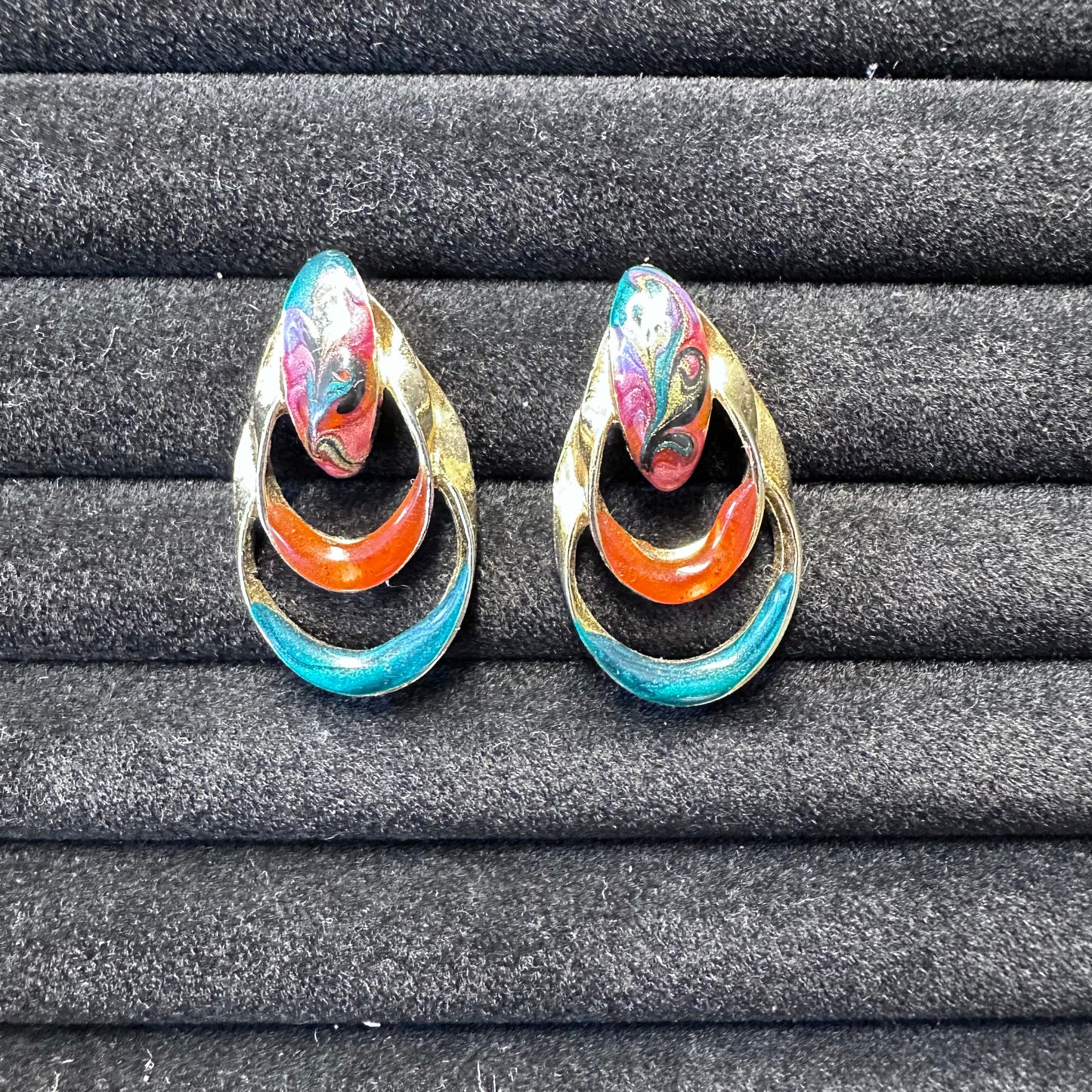Vintage Gold Tone Swirl Multicolor Dangle Tear Drop Pierced Earring