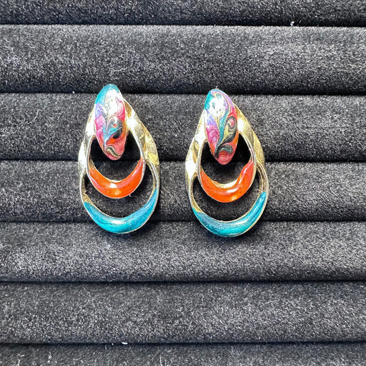 Vintage Gold Tone Swirl Multicolor Dangle Tear Drop Pierced Earring