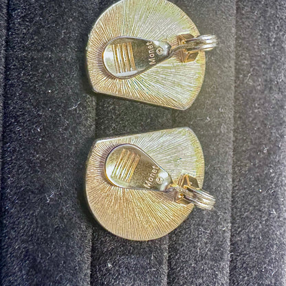 Vintage Monet Cream Enamel Gold Tone Geometric Half CircleClip On Earring