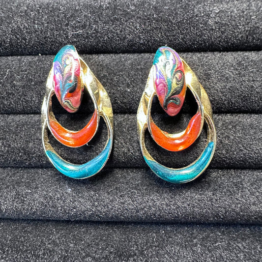 Vintage Gold Tone Swirl Multicolor Dangle Tear Drop Pierced Earring