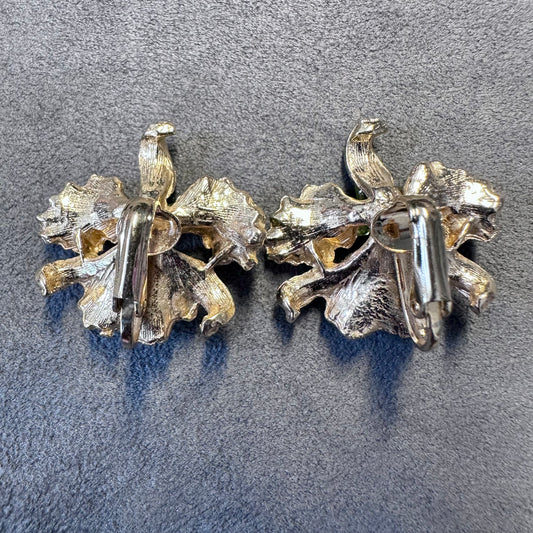 Vintage Gold Tone Orchid Flower with Green Stone Clip On Earring
