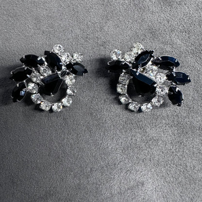 Vtg Black and Clear Crystal Rhinestone Clip-On Cluster Earrings