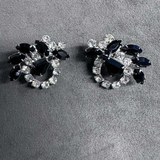 Vtg Black and Clear Crystal Rhinestone Clip-On Cluster Earrings