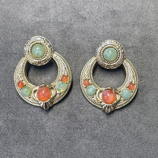 Vintage Gold Tone 1928 Ornate Door Knocker Jade and Coral Color Stone Pierced Earrings