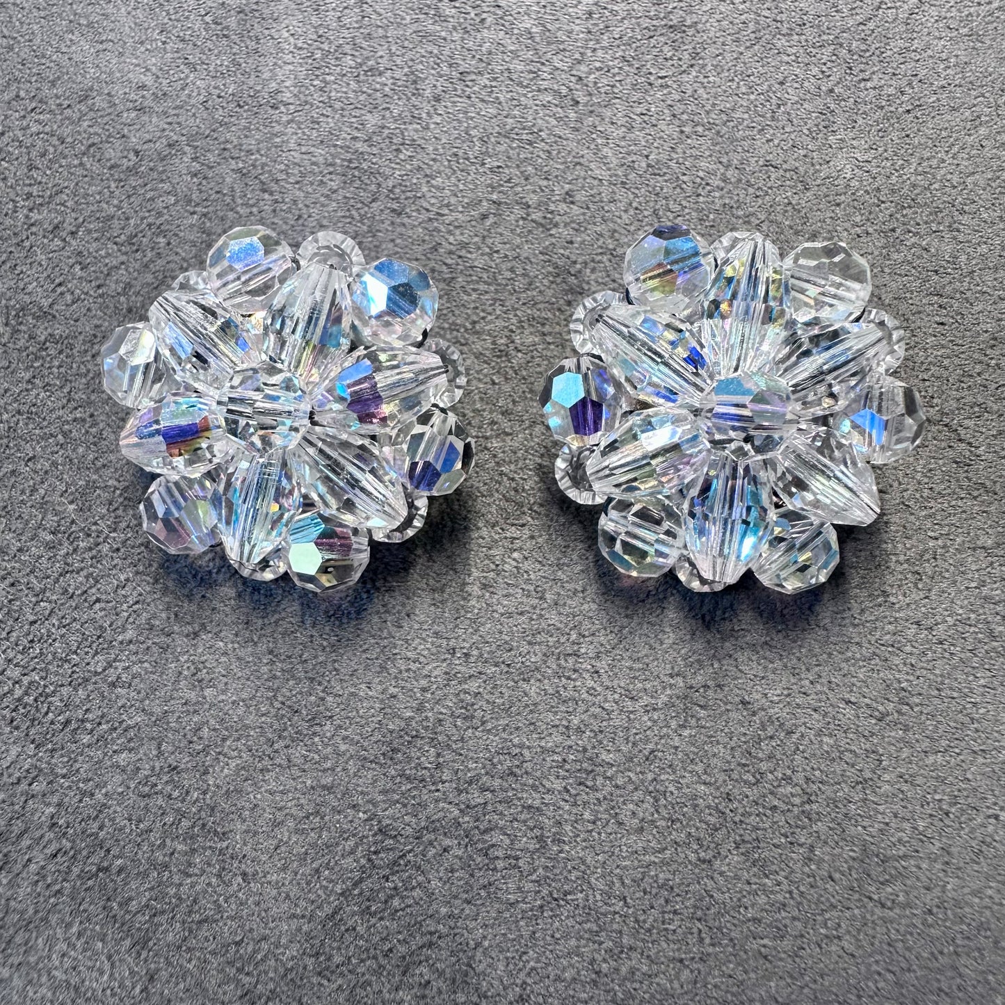 Vintage Aurora Borealis Rhinestone Beaded Cluster Clip On Earring