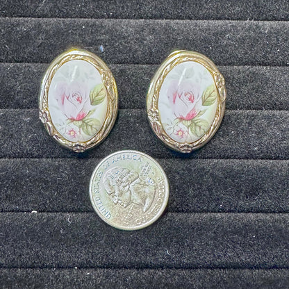 Vintage 1928 Porcelain Motif Transfer Rose Print Oval Shape Gold Tone Cushion Clip On Earring
