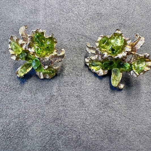 Vintage Gold Tone Orchid Flower with Green Stone Clip On Earring