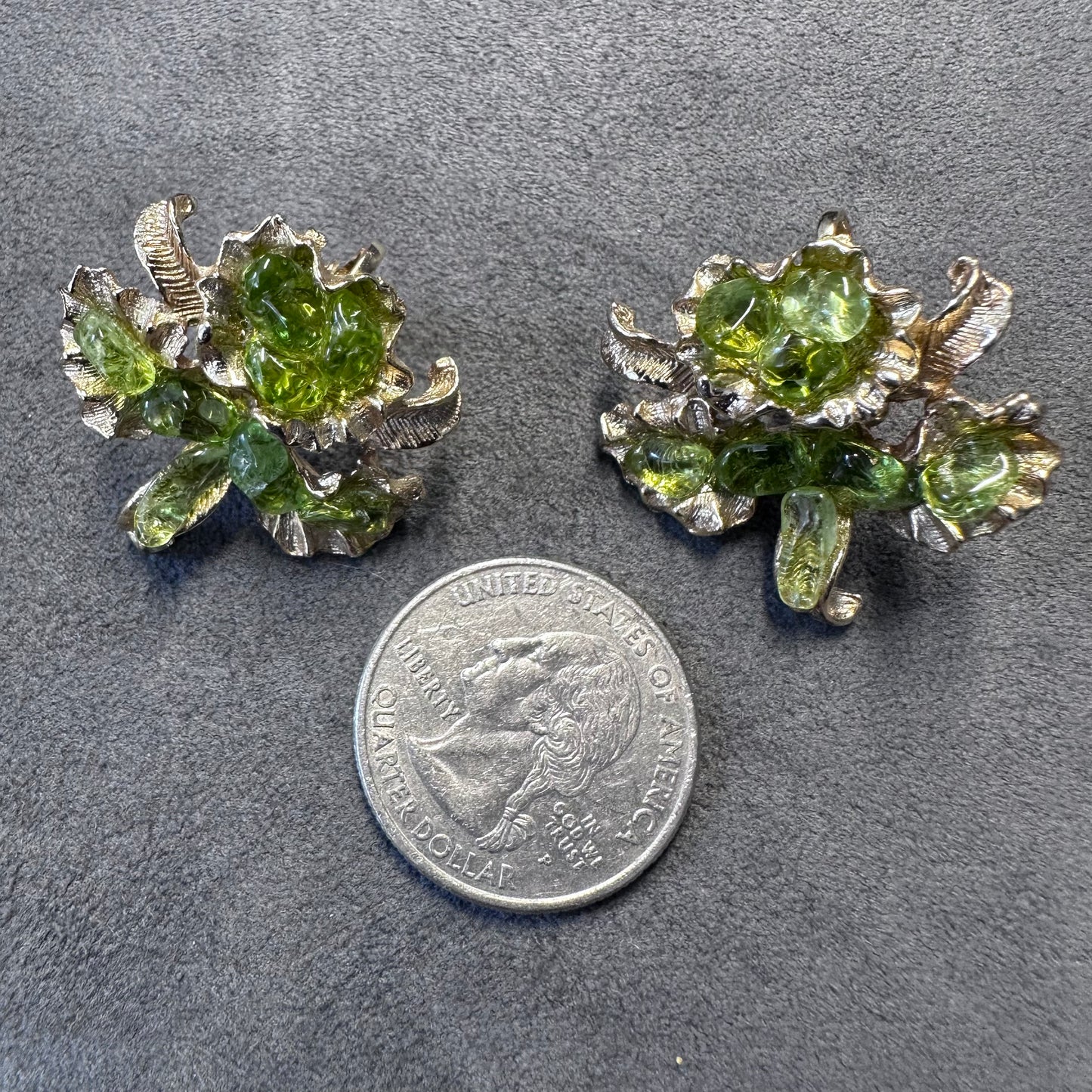 Vintage Gold Tone Orchid Flower with Green Stone Clip On Earring
