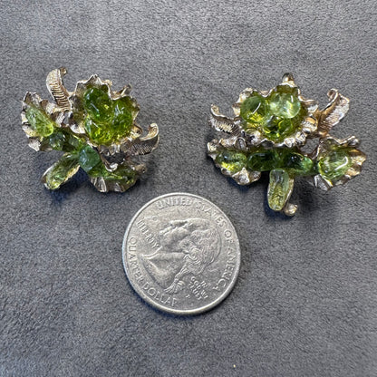 Vintage Gold Tone Orchid Flower with Green Stone Clip On Earring